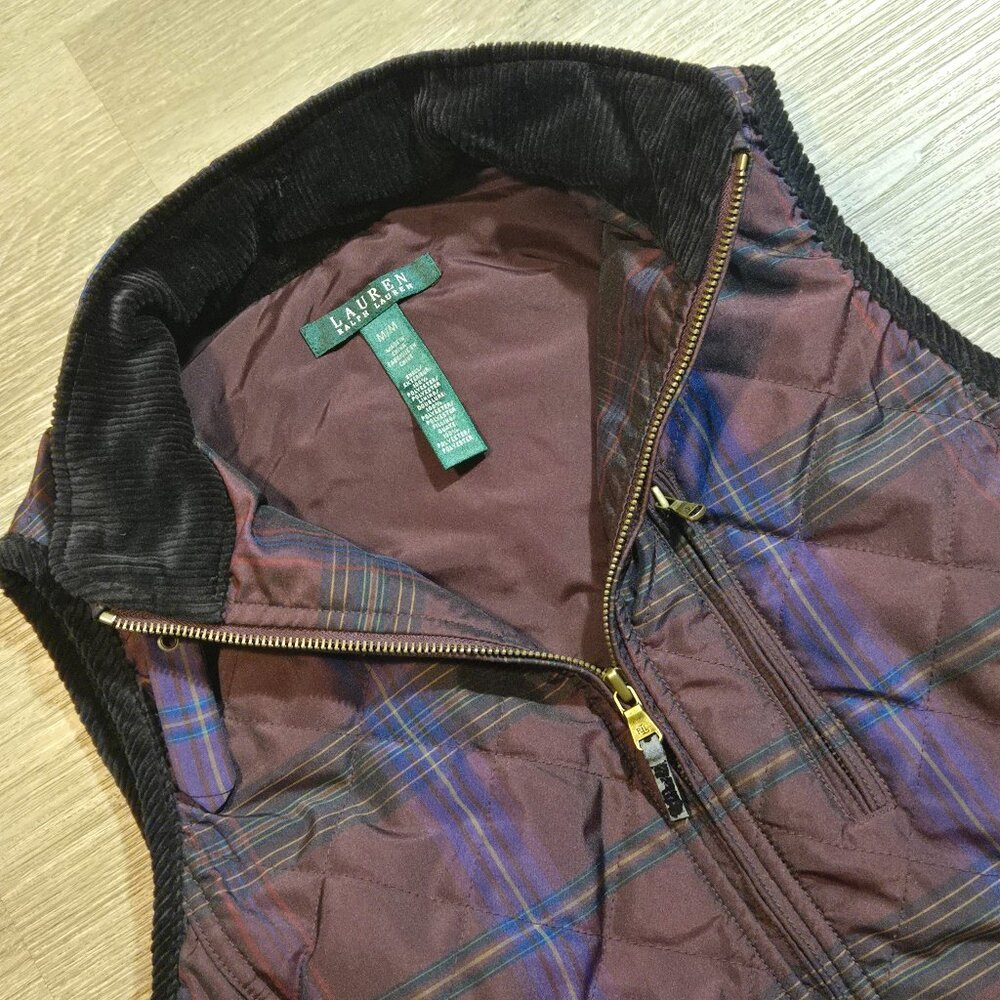 Lauren Ralph Lauren Quilted Plaid Vest Womens Medium Corduroy Trim Maroon Blue